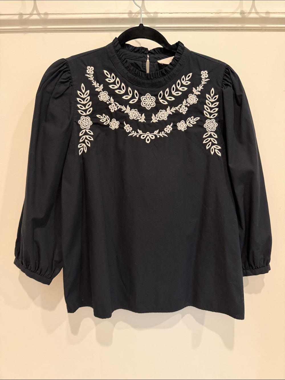 LOFT Black Blouse with White Floral Embroidery